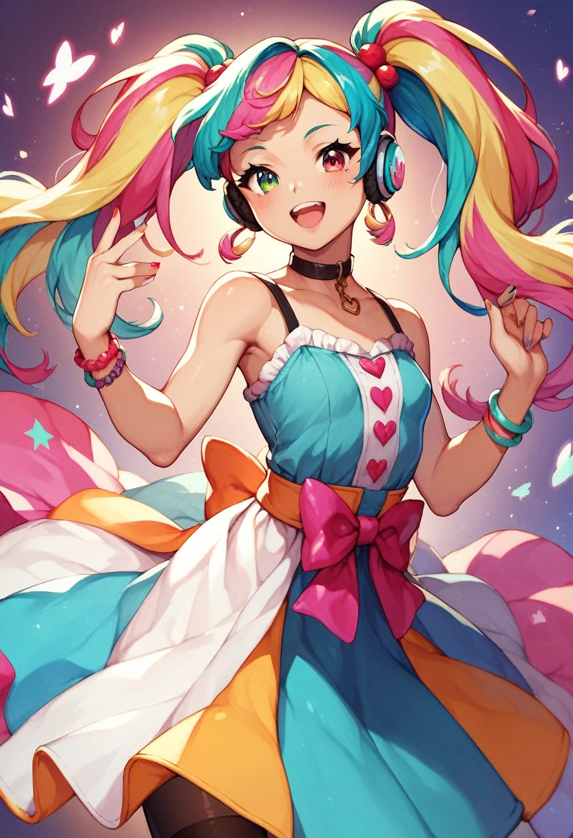 Ollie
multicolored hair
multicolored eyes
zombie_skin
traditional dress
twintails a DJ, showcasing her skills on the turntables