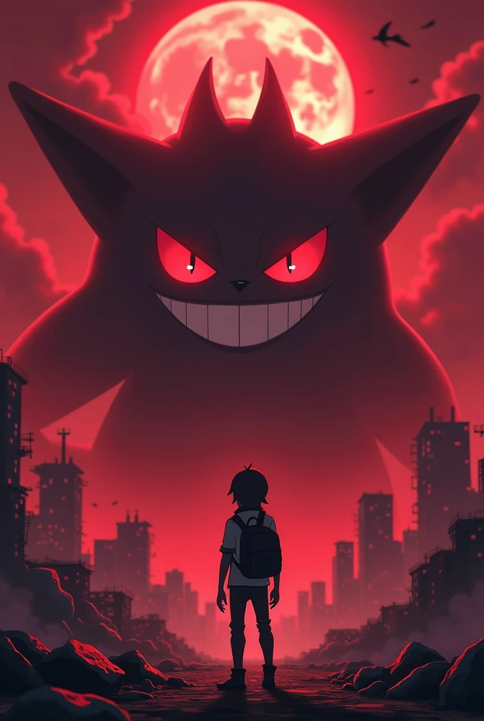Pokémon, red and black theme, reddish night, Ghostly eyes , Mega Gengar, evil smile and big eyes, destroyed city, pokemon illustration, epic anime art, wide evil grin, 4K anime art wallpaper, high detailed official artwork, treinador olhando a destroyed city enquanto o Pokémon Mega Gengar está ao fundo meio desfocado junto de vários Pokémon do tipo fantasma menores espalhados no cenário gastly, skin, banette, umbreon, Chandelure, Annihilape, etc.