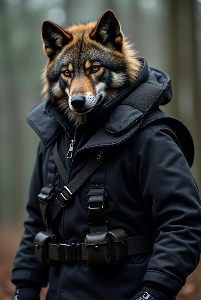 furry Wolf in black army clothes 