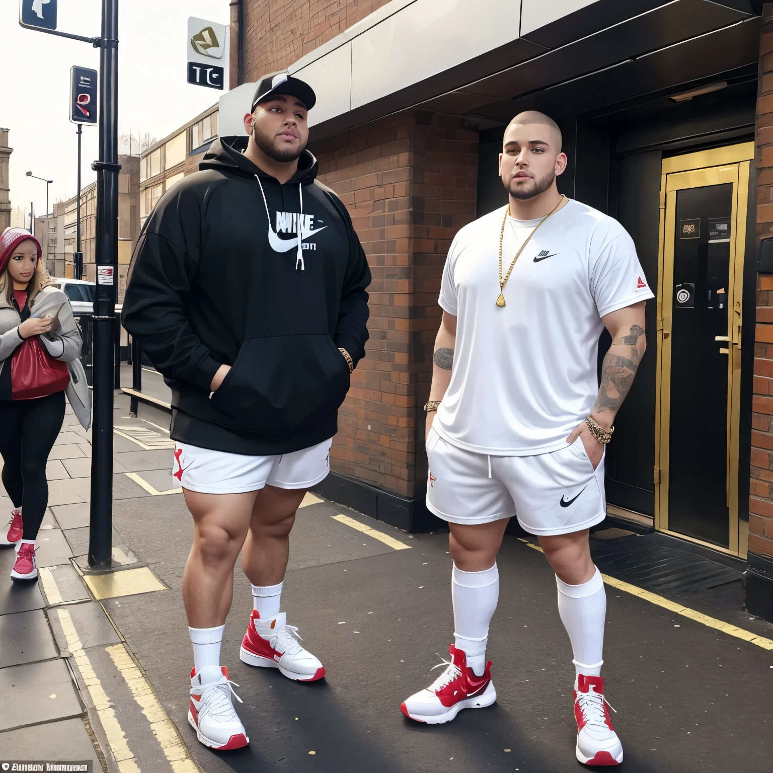 full view full body, one very fat 26 yo blond handsome male chav with a very big paunch and thick chubby legs and a buzzcut and a huge septum gold piercing, golden sovereign rings, chunky golden bracelets and chains, Manchester white footbell jersy, white siny nylon shorts, Nike long high socks and chunky hype-fashioned Jordan hi-top sneakers with Manchester U colors, arrogantly watching smartphone and walking in London North suburbia street next subway, shoes must be seen