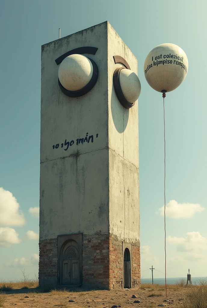 Create a building. this building has eyes (as a person). Written below his eyes is the word "cmn". Next to the building, There is a balloon with visible text with the following sentence : "I set the inflation target", translated into Portuguese this sentence.