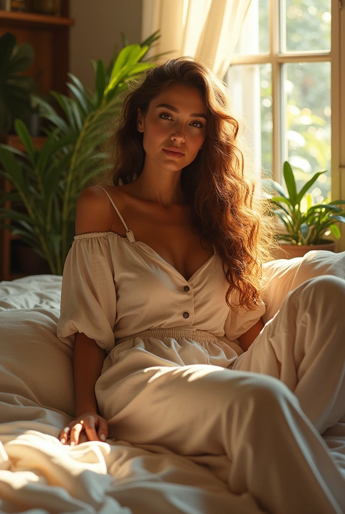 (photorealism:1.2), beautiful woman, sitting on bed, wearing loose off-shoulder top, pajama pants, long curly hair, indoors, soft lighting, plants in background, window with sunlight, cozy room, relaxed pose, realistic, intricate details, warm colors, by Greg Rutkowski, by Alphonse Mucha