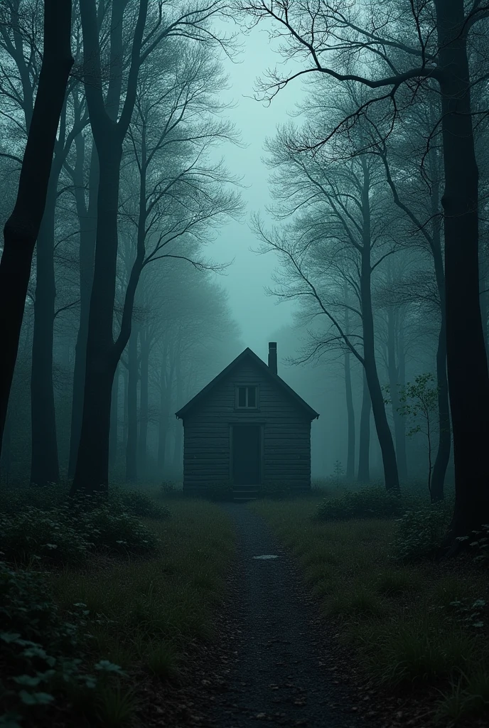 a dark forest, with a small abandoned house and a crashed plane