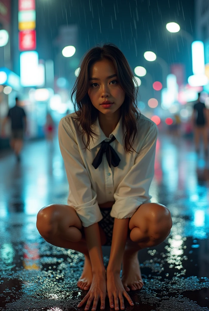 (Highest quality、8k、High resolution、masterpiece:1.2)、Young and beautiful woman、(Correct Anatomy)、(Spread your legs and show your panties)、(Squat)、(Excited expression)、(White shirt、A bow tie、tartan mini skirt、White panties:1.3)、(heavy rain:1.7)、(Motion Blur Effect:1.55)、(Wet body:1.55)、Busy street at night、neon、(Looking into the camera)、