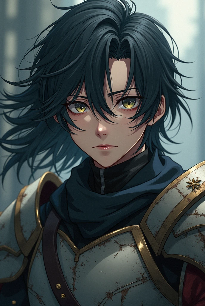 A 23 year old young man with long anime style hair with broken armor and a completely sad face, but with a look of determination