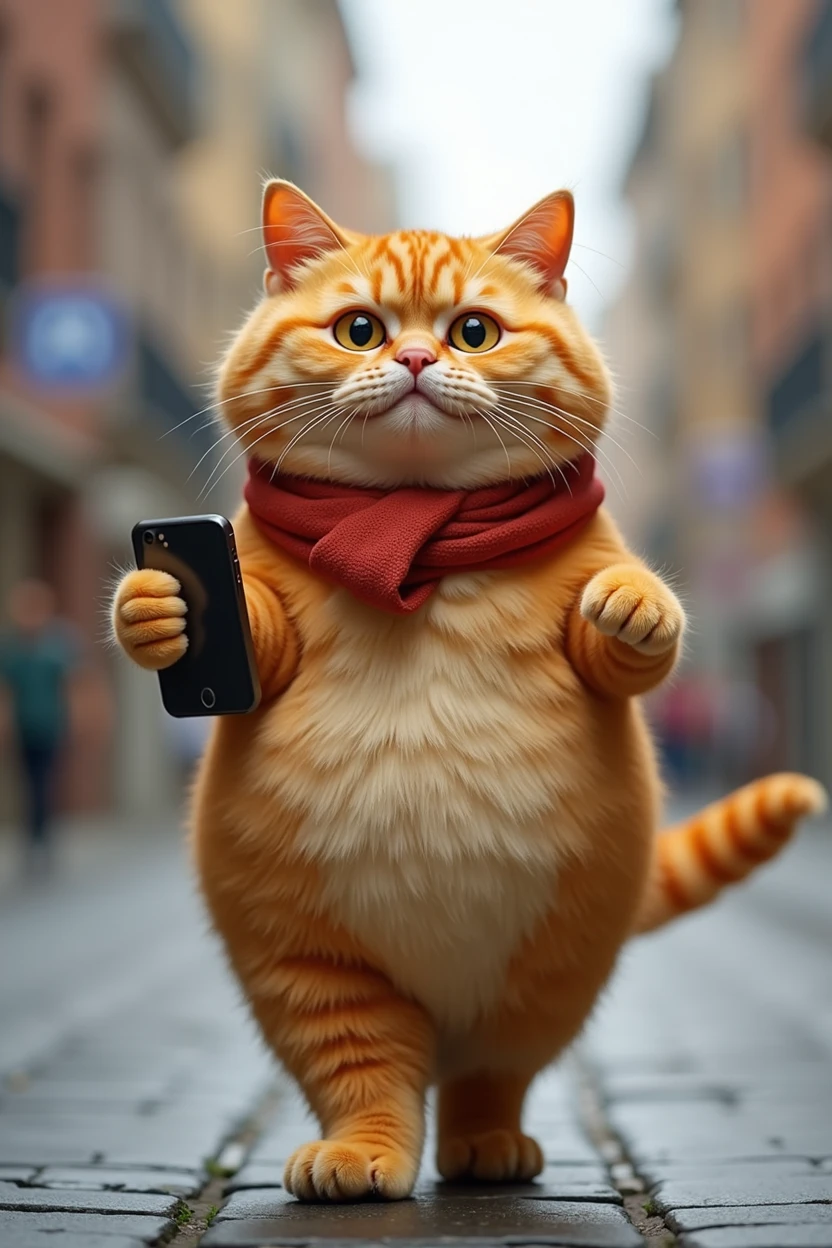Fat orange cat walking on the street with cell phone in hand
