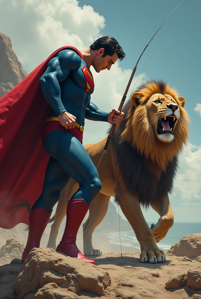  image of superman capturing a wounded lion with a hook in its mouth,  and superman holding the fishing rod