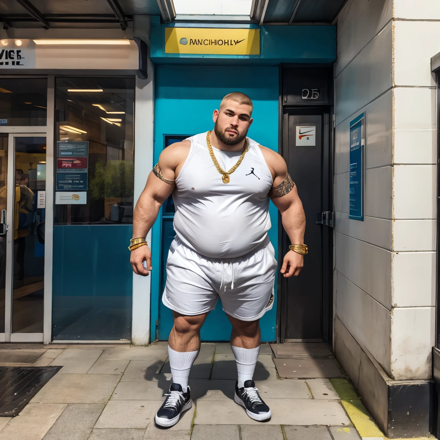 full view full body, one very fat 26 yo blond handsome male chav with a very big paunch and thick chubby legs and a buzzcut and a huge septum gold piercing, golden sovereign rings, chunky golden bracelets and chains, Manchester white footbell jersy, white siny nylon shorts, Nike long high socks and chunky hype-fashioned Jordan hi-top sneakers with Manchester U colors, arrogantly watching smartphone and walking in London North suburbia street next subway, shoes must be seen