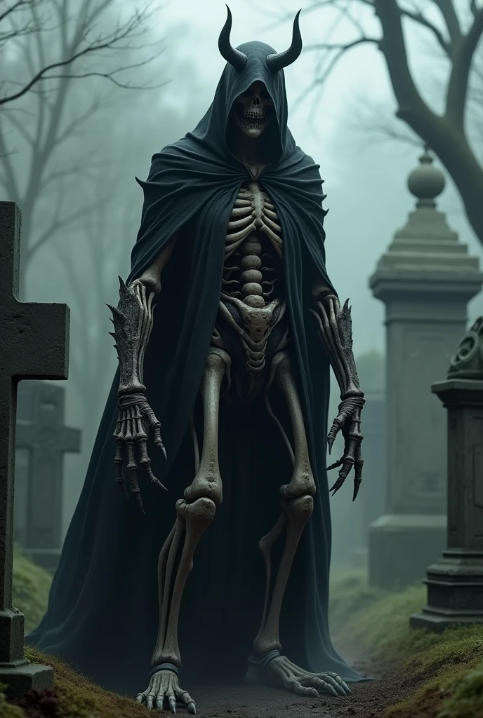 Man in black cloak living in cemetery,  He is tall , your body is half skeleton and the other parts are rotten flesh, your long fingers look like claws , long horns 