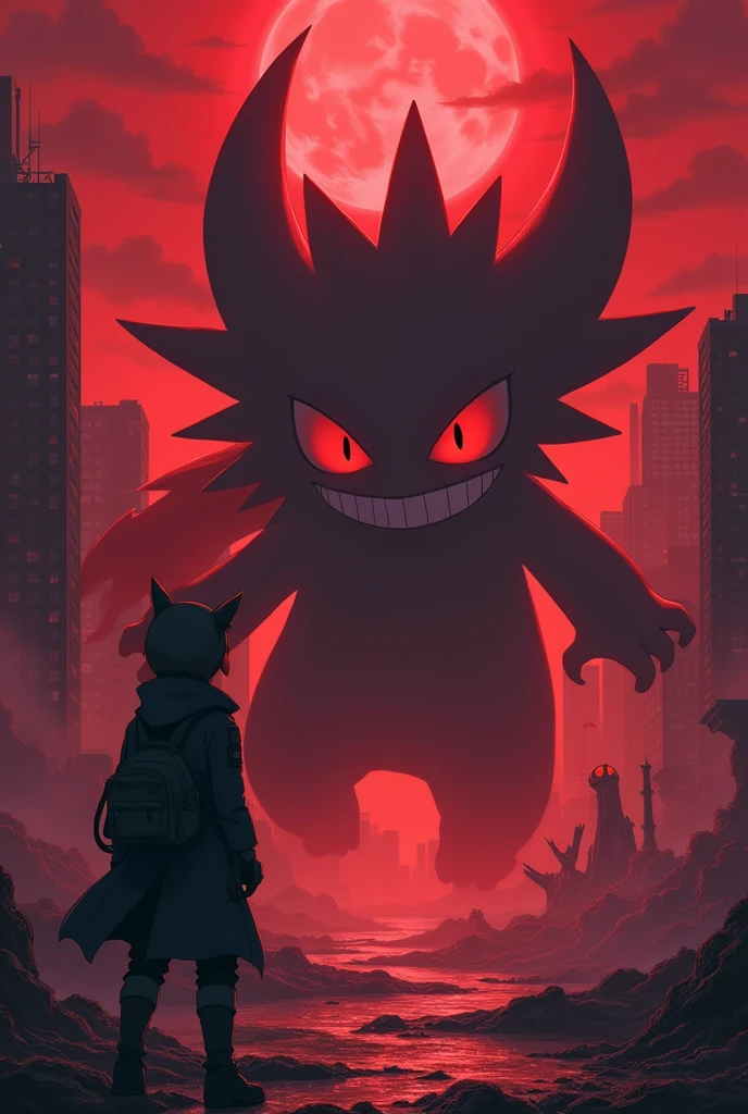 Pokémon, red and black theme, reddish night, Ghostly eyes , Mega Gengar, evil smile and big eyes, destroyed city, pokemon illustration, epic anime art, wide evil grin, 4K anime art wallpaper, high detailed official artwork, treinador olhando a destroyed city enquanto o Pokémon Mega Gengar está ao fundo meio desfocado junto de vários Pokémon do tipo fantasma gastly, skin,  banette, umbreon, Chandelure, Annihilape, etc.