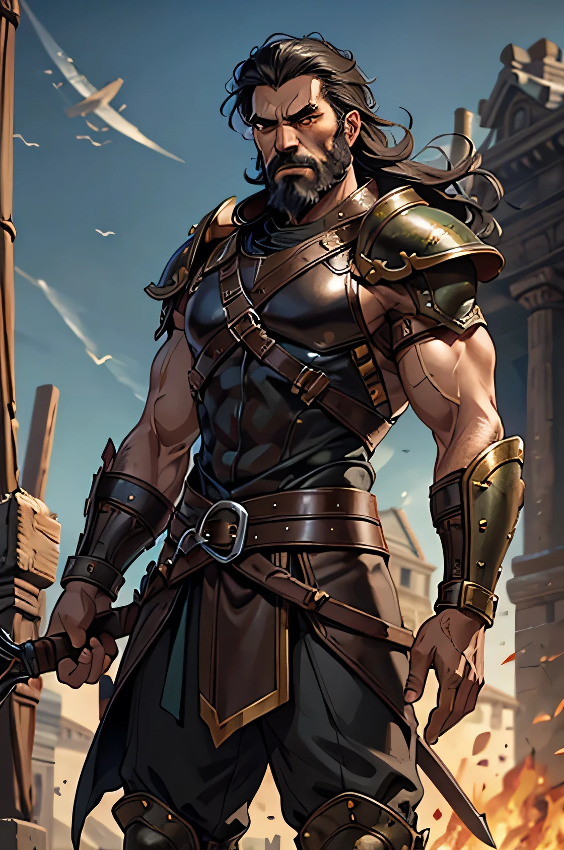 illustration, high quality, better quality, beautiful, high quality, realist, perfect lighting, detailed face, detailed body, 1 person, alone, black hair, green eyes, long black beard, brown and worn leather clothing gladiator style: 1.4), leather breastplate, 1 wooden spear in hand, war battle background, gladiator style, muscular man, robust, angry expression