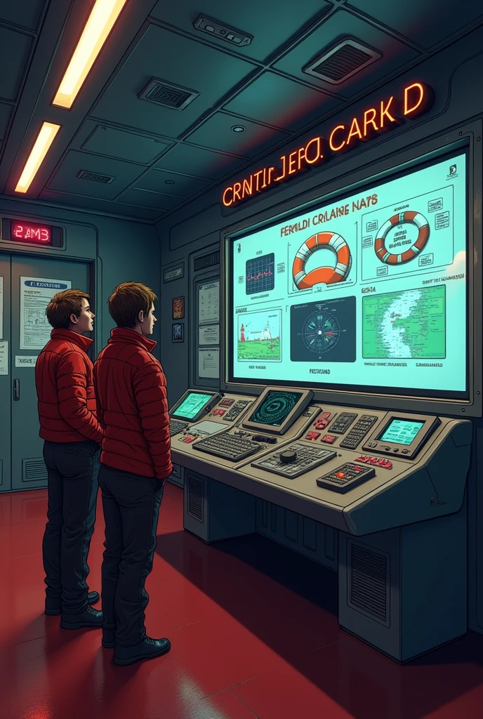 Inside the ship, Captain Lara and her team are reviewing the controls. A large panel shows the lifeguard system.)