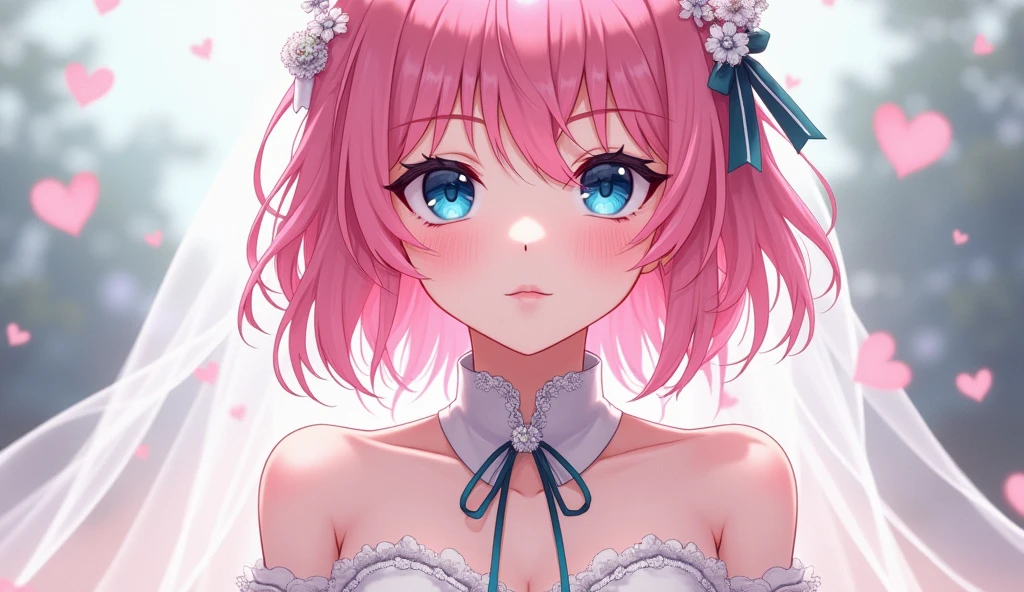 ((best quality)), ((masterpiece)), (detailed), perfect face ,Make a baddas female anime character, hair pink, eyes blue, use wedding clothes