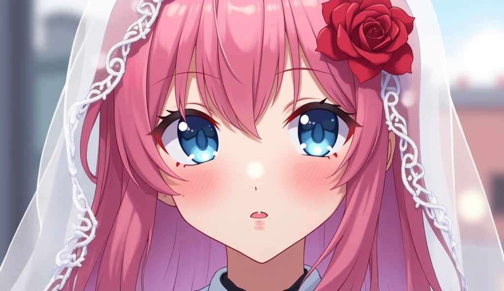 ((best quality)), ((masterpiece)), (detailed), perfect face ,Make a baddas female anime character, hair pink, eyes blue, use wedding clothes