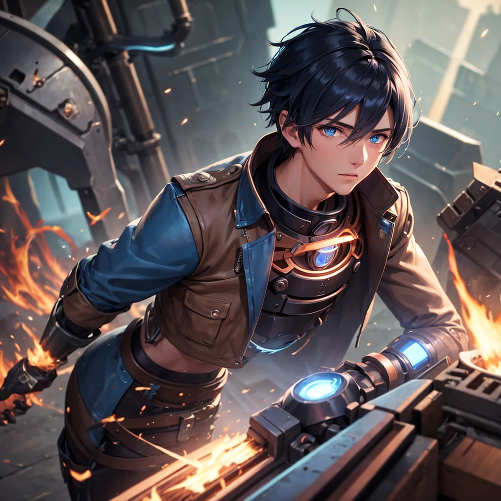 Machinist young adult . Blue eyes, tanned skin, copper outfit, smoky atmosphere with burning village before