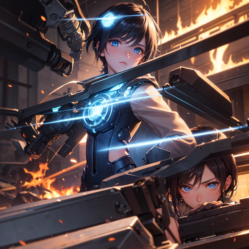 Machinist . Blue eyes, tanned skin, copper outfit, smoky atmosphere with burning village before