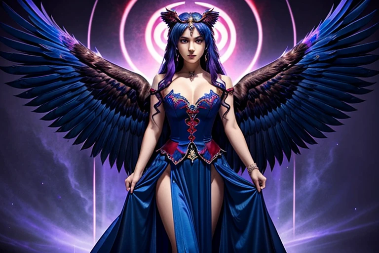 Empress of the Demon World、Young and beautiful、((A gorgeous blue and crimson outfit))、Sharp Eyes、Blue Eyes、((The wings of an eagle spread wide behind me))、Purple wavy hair、The hem of the skirt splits into jagged pieces、A surreal, intense light shines into the darkness、Surreal、High definition