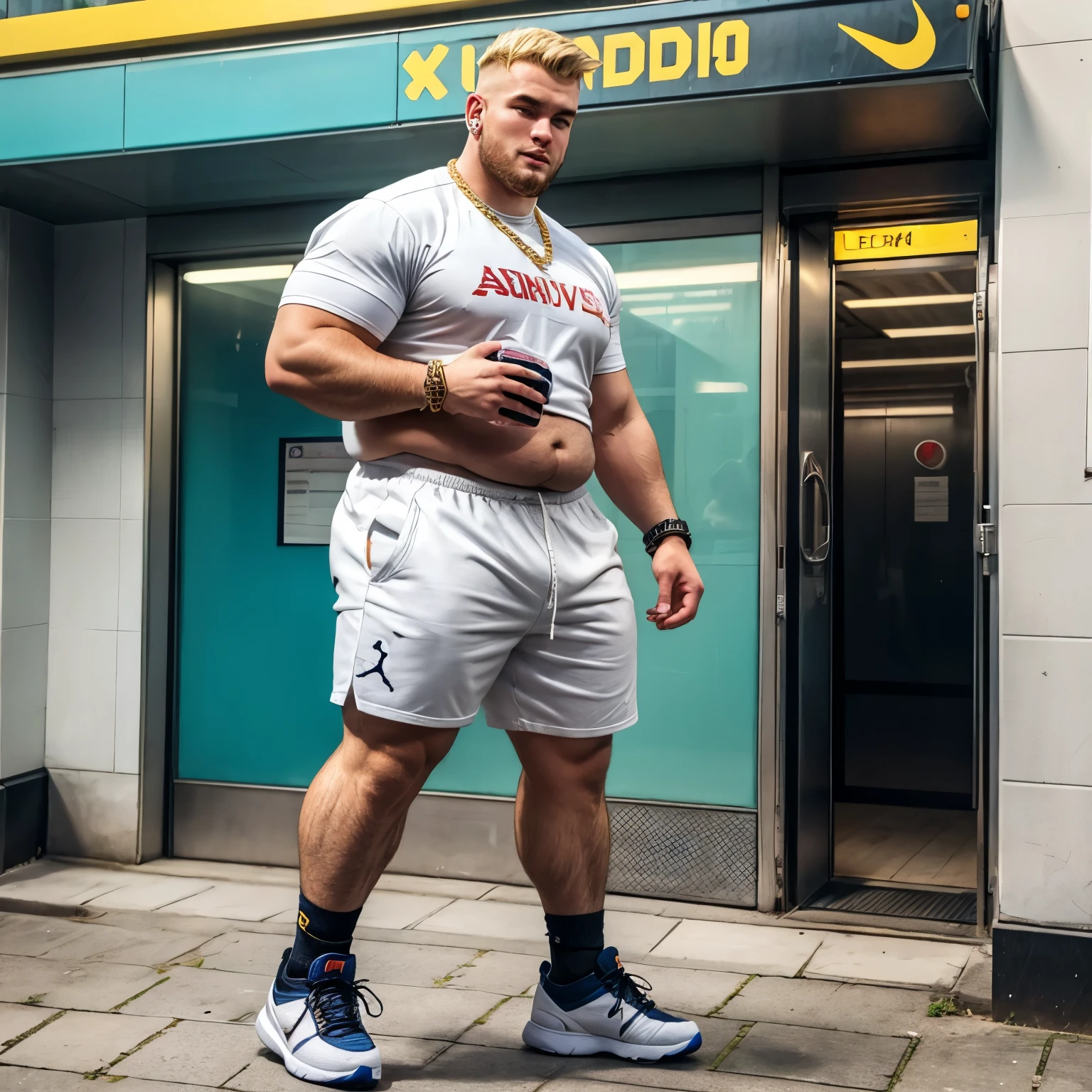 full view full body, one very fat 26 yo blond handsome male chav with a very big paunch and thick chubby legs and a buzzcut and a huge septum gold piercing, golden sovereign rings, chunky golden bracelets and chains, Manchester white footbell jersy, white siny nylon shorts, Nike long high socks and chunky hype-fashioned Jordan hi-top sneakers with Manchester U colors, arrogantly watching smartphone and walking in London North suburbia street next subway, shoes must be seen