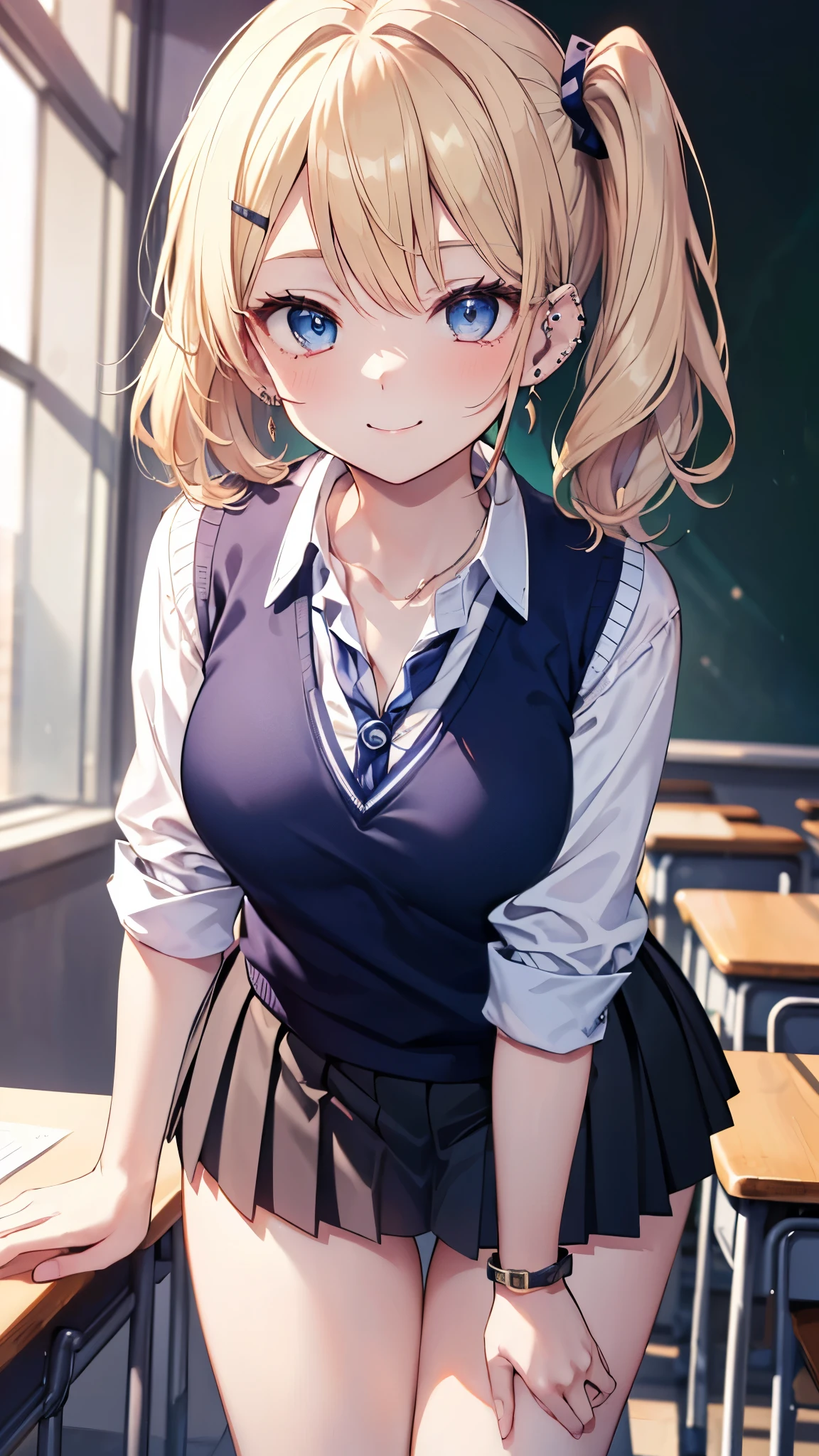 ((masterpiece、Highest quality、Very detailed))、One girl、gyaru、Blonde、side ponytail、Blue eyes、evil smile、((lots of piercing))、Moderate breasts、((White collared shirt))、((Navy blue sweater vest))、((Black pleated skirt))、((micro miniskirt))、Thick thighs、((bent over))、Cowboy Shot、Classroom Background