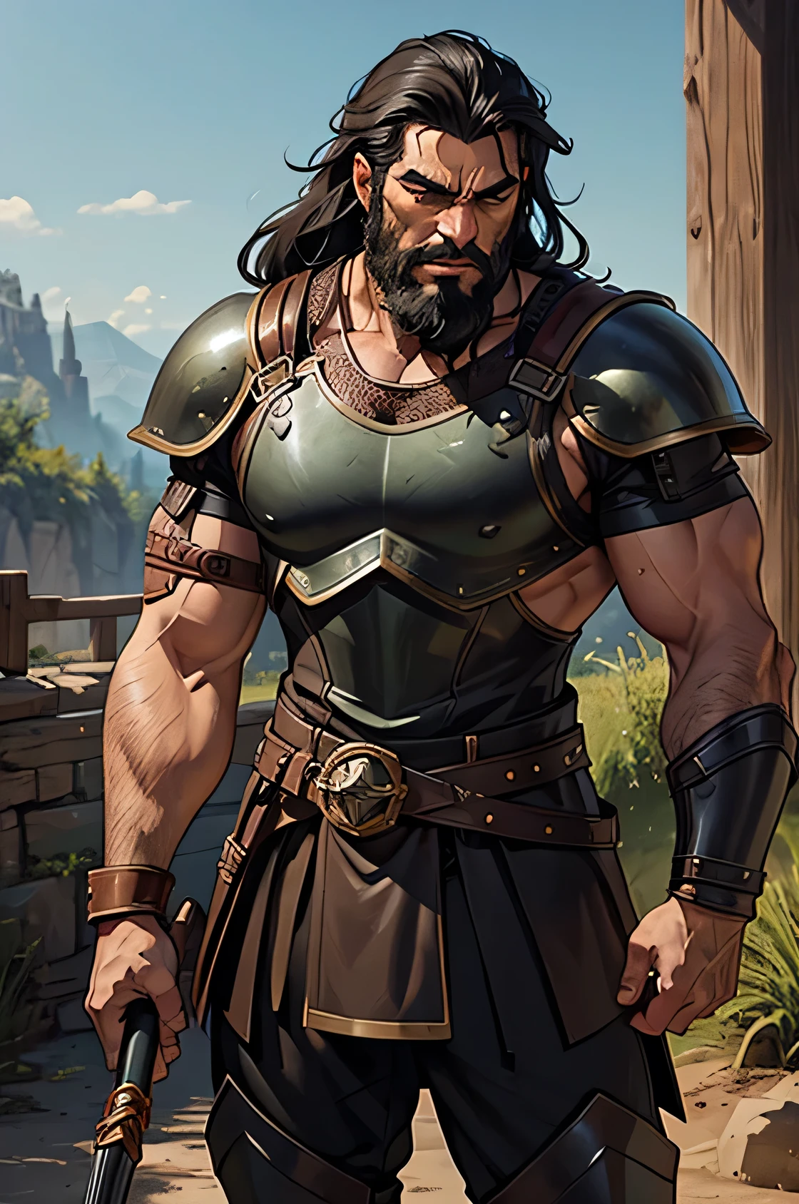 illustration, high quality, better quality, beautiful, high quality, realist, perfect lighting, detailed face, detailed body, 1 person, alone, black hair, green eyes, long black beard, brown and worn leather clothing gladiator style: 1.4), leather breastplate, 1 wooden spear in hand, war battle background, gladiator style, muscular man, robust, angry expression,  