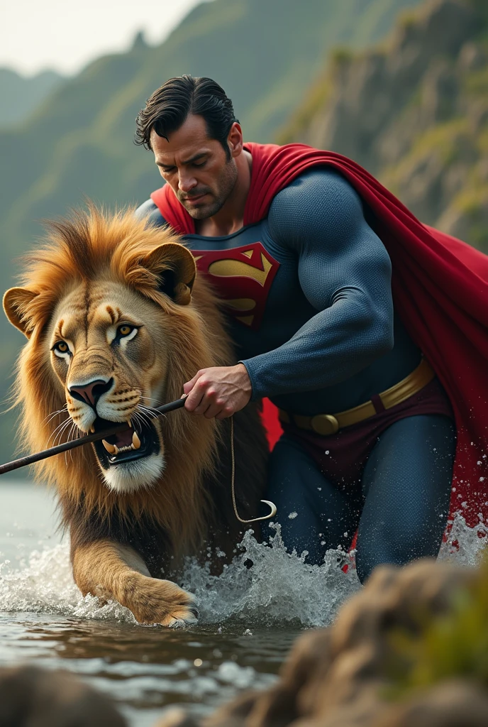  image of superman capturing an old and meseous lion, by a hook in the mouth,  and superman holding the fishing rod