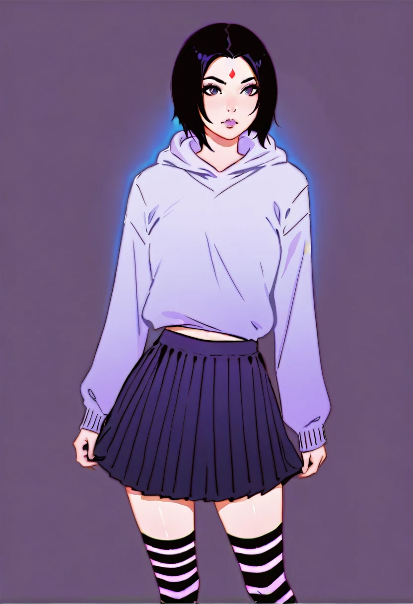 score_9, score_7_up 1girl, solo, raven \(dc\), striped thighhighs, skirt, sweater,