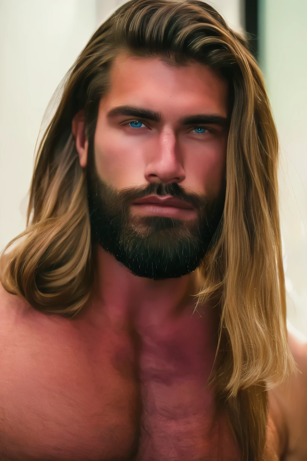 A super handsome male model, close-cropped beard, greeneyes, long straight dark blonde hair, thick black eyebrow