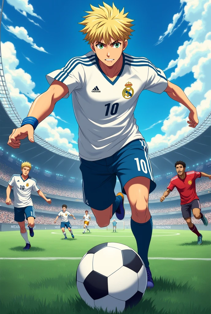 An anime cover, with the protagonist kicking a soccer ball, while the protagonist looks at the ball with a look of fury and determination. With the anime name highlighted "Goal Frenzy". The appearance of the MALE protagonist is tall and has an athletic build with defined muscles.. Her hair is short and blonde, with a fringe that falls over the forehead, and your eyes are light green, full of determination. He wears the number 10 jersey for the Real Madrid football team and often has a blue and white band around his wrist..