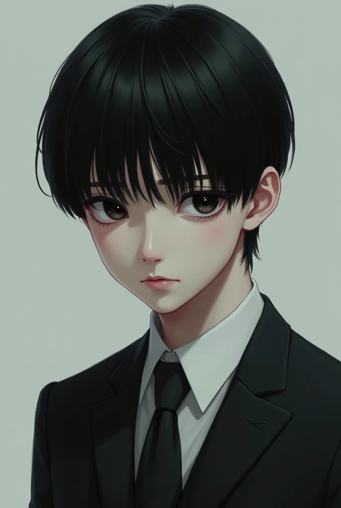 An 18 year old boy with straight short black hair, black eyes, pale skin, suspicious looking and wearing a suit.