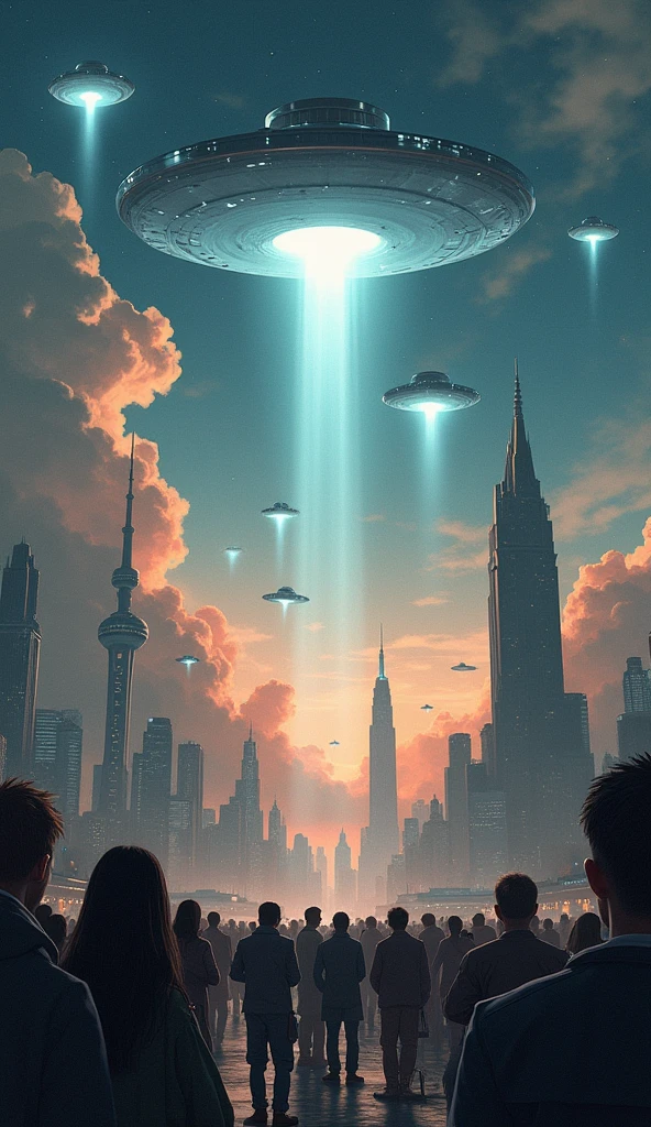 "Illustrate a highly detailed and dynamic scene showcasing the dramatic rise in extraterrestrial contacts over the past few years. The sky is filled with various types of UFOs, from classic saucers to more advanced and enigmatic spacecraft, hovering above different parts of the world. In the foreground, diverse groups of people—scientists, civilians, military personnel—are gathered, looking up in awe, fear, and curiosity. Some are recording the events with devices, while others are engaged in direct communication with the aliens through advanced technology. The aliens vary in appearance, representing different species: tall, luminous beings, small Greys with large eyes, and even more abstract, ethereal forms of life. The background shows iconic global landmarks, each subtly illuminated by the presence of these extraterrestrial visitors. The scene is filled with a sense of wonder, tension, and the undeniable reality of humanity's new place in a larger cosmic community. The lighting is a mix of eerie, otherworldly glows from the ships and a natural, dusk-like atmosphere, highlighting the blending of the ordinary with the extraordinary."

