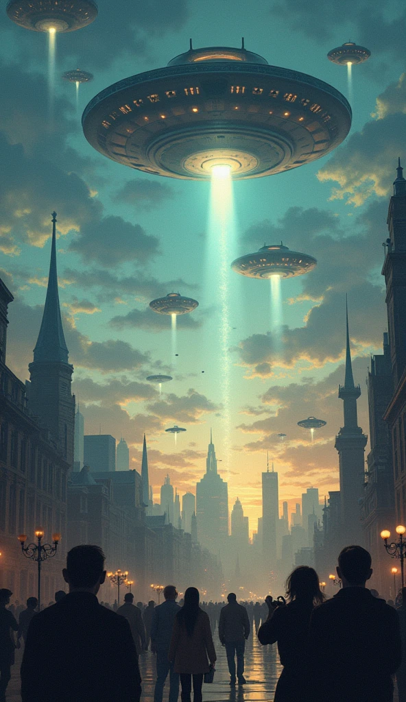 "Illustrate a highly detailed and dynamic scene showcasing the dramatic rise in extraterrestrial contacts over the past few years. The sky is filled with various types of UFOs, from classic saucers to more advanced and enigmatic spacecraft, hovering above different parts of the world. In the foreground, diverse groups of people—scientists, civilians, military personnel—are gathered, looking up in awe, fear, and curiosity. Some are recording the events with devices, while others are engaged in direct communication with the aliens through advanced technology. The aliens vary in appearance, representing different species: tall, luminous beings, small Greys with large eyes, and even more abstract, ethereal forms of life. The background shows iconic global landmarks, each subtly illuminated by the presence of these extraterrestrial visitors. The scene is filled with a sense of wonder, tension, and the undeniable reality of humanity's new place in a larger cosmic community. The lighting is a mix of eerie, otherworldly glows from the ships and a natural, dusk-like atmosphere, highlighting the blending of the ordinary with the extraordinary."

