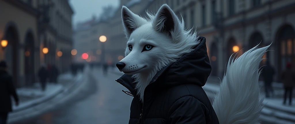 Dark fenrir furry anime in black and white clothes in a dark Prague