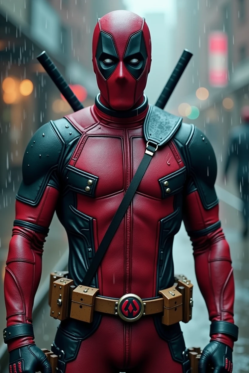 Visually stunning detailed image of Deadpool with his erect penis visible., wet in the rain, perverse situation