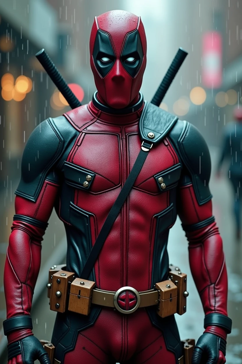 Visually stunning detailed image of Deadpool with his erect penis visible., wet in the rain, perverse situation