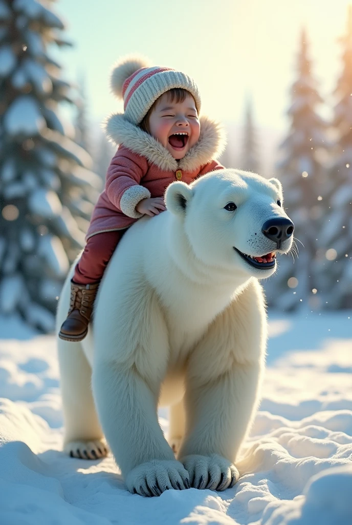 Very realistic dynamic scene.(masterpiece:1.2), (very detailed:1.3),clear focus on faces,clearly and thoroughly drawn facial details,Beautiful,photorealistic,taken with Canon EOS 1100D ,little very cute with a charming , cheeks pink from the frost,Eskimo girl 4 years oldn the back of a giant laughing hyper-realistic polar bear through a snowy winter forest,sunlight,Sparkling Snow, The girl laughs,Very cheerful, laughs broadly and waves his hands affably. The girl is dressed in national northern clothes. Extremely detailed computer graphics High resolution,(Best quality), ( photo-Реалистичный:1.2) Extremely detailed computer graphics cinematic lighting. Close-up. a lot of details. Photorealistic style, super realistic. cinematic. background of winter coniferous forest.,8 K,raw