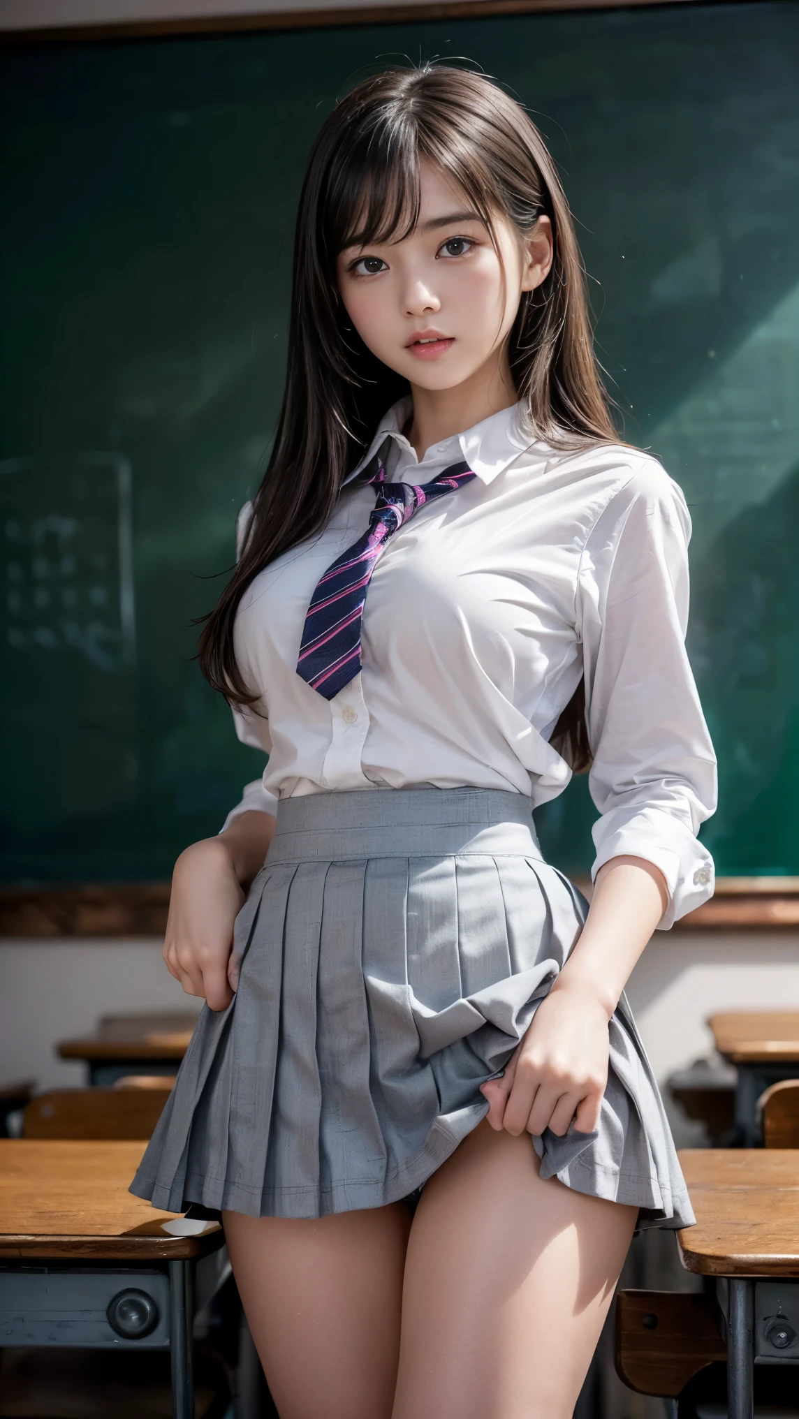 masterpiece, Highest quality, 8k, Young and beautiful girl, Baby Face、The clothes are big、photo shoot, Cute Face, Thighs, Bright classroom,  (((Embarrassing)))、Embarrassing、No makeup, 10 generations, Detailed face, Background Blur、Tight waist、((((School uniforms、White shirt、Checked mini skirt、Lift up your skirt、Pussyを見せる、あなたのオPussyを見せて)))), Straight hair、Light brown hair、(((Please lift up your skirt sadly)))、Bright classroom、Thighs、((Apparently it&#39;s him&#39;I am going to cry))、(((lift her skirt yourself)))、Pussy、Pussy