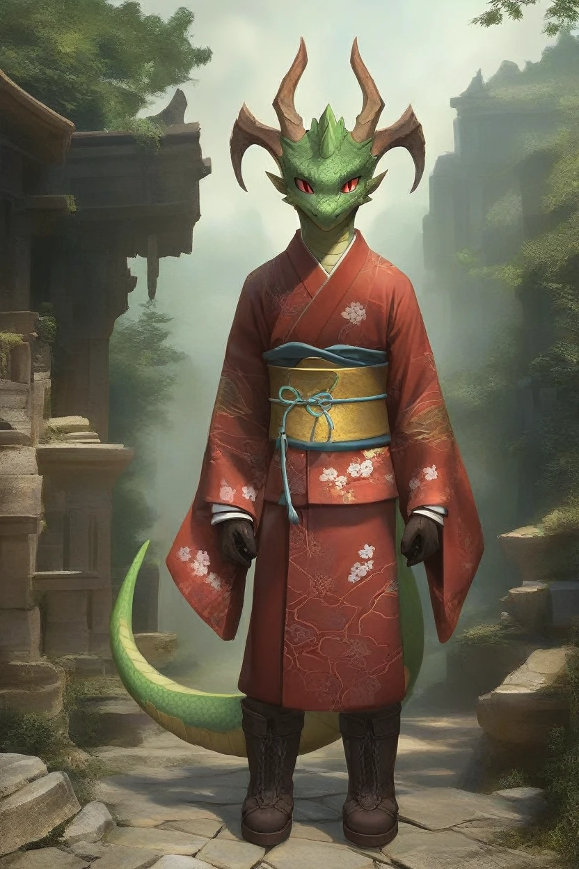 score_9, score_8_up, source_anime, rating_safe, Fantasy, Dragonkin, horns, slit pupils, scales, anthro 1boy,  Red eyes, Japanese kimono, boots, gloves, Prayer, centered, portrait,  Forest, Stone ruins, photorealistic, impressionist painting, up close, detailed face, face focus, full body, solo, looking at viewer, facing viewer, green skin, pink hairs