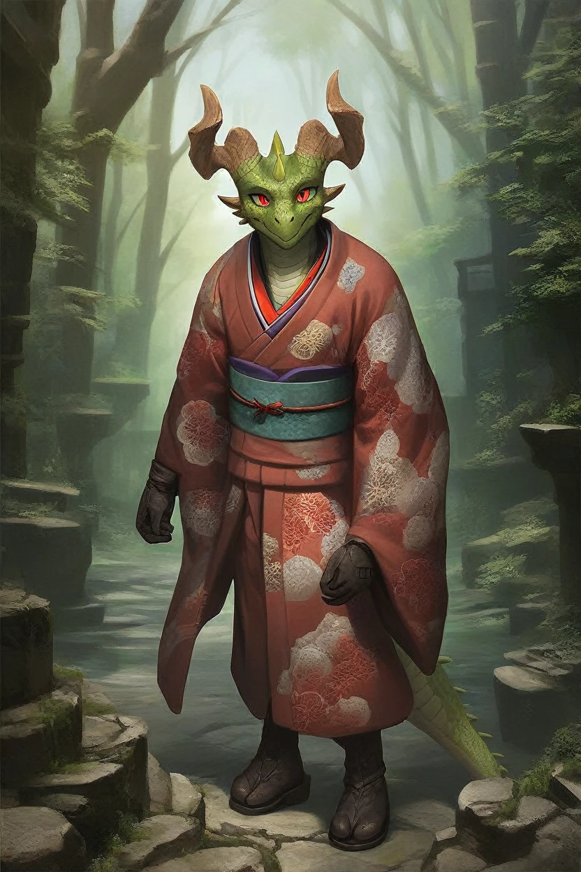 score_9, score_8_up, source_anime, rating_safe, Fantasy, Dragonkin, horns, slit pupils, scales, anthro 1boy,  Red eyes, Japanese kimono, boots, gloves, Prayer, centered, portrait,  Forest, Stone ruins, photorealistic, impressionist painting, up close, detailed face, face focus, full body, solo, looking at viewer, facing viewer, green skin, pink hairs