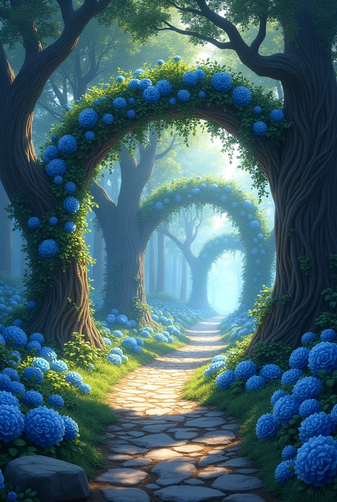 Rocky path trail under long tunnel of blue roses entwined in trees forming arches