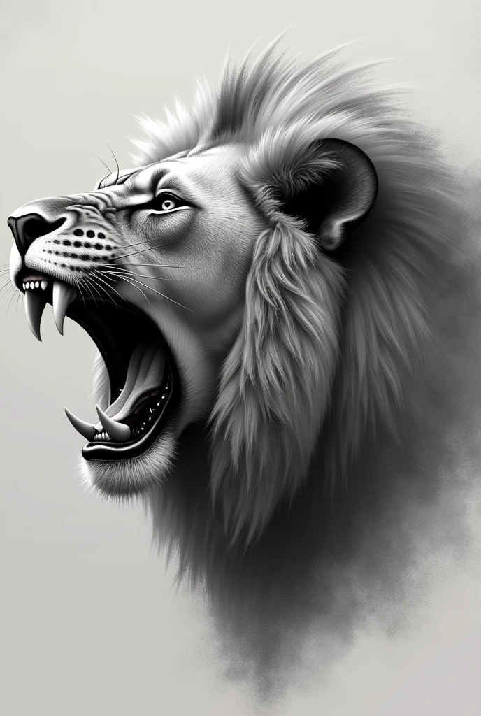 Roaring lion profile face realistic grayscale