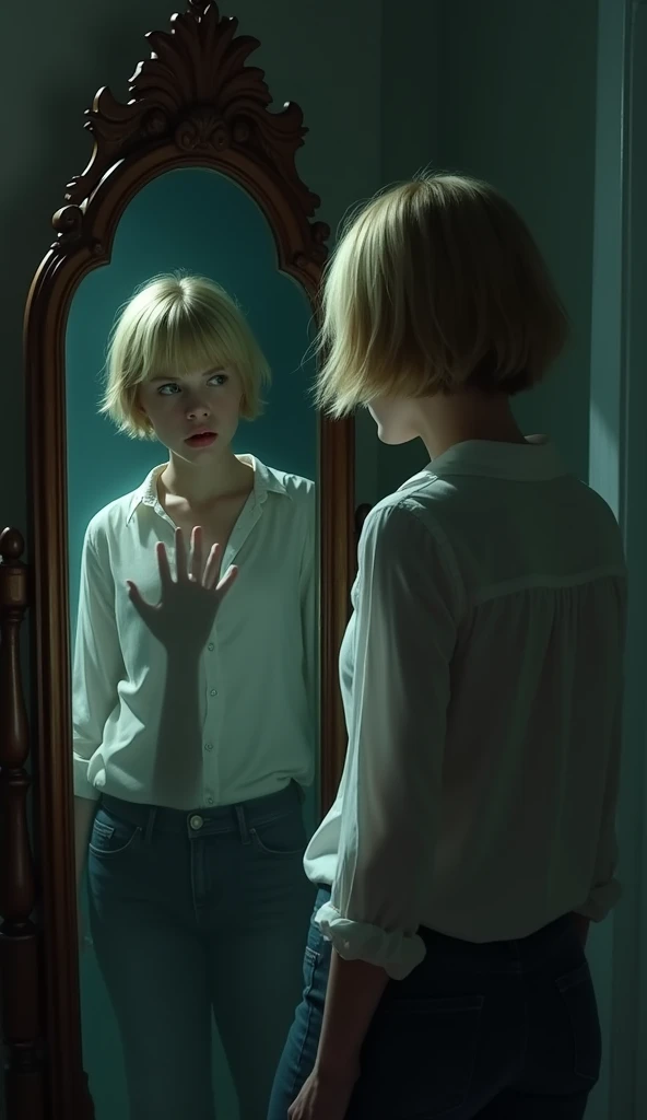 A blend of cinematic atmospheric dark fantasy dark arts, using intense shadows and dramatic lighting, delicate brushstrokes, rice paper texture a Digital illustration depicting Emma, a young woman with short blonde hair and green eyes, wearing a white blouse and jeans, standing in front of the antique mirror, her face filled with terror as a shadowy hand reaches out from the mirror towards her. The room is dark, with the mirror emitting a faint, eerie glow. The camera angle is a close-up of Emma's horrified expression and the shadowy hand." Location: Bedroom at night. Lighting: Dark with an eerie glow from the mirror.