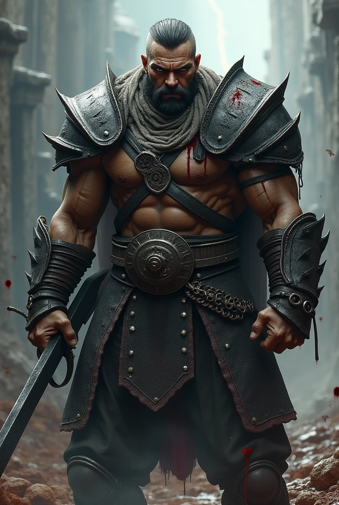 Human man dnd with hate, blood, eyes with thunder, strong, warrior with black sword, with armor,