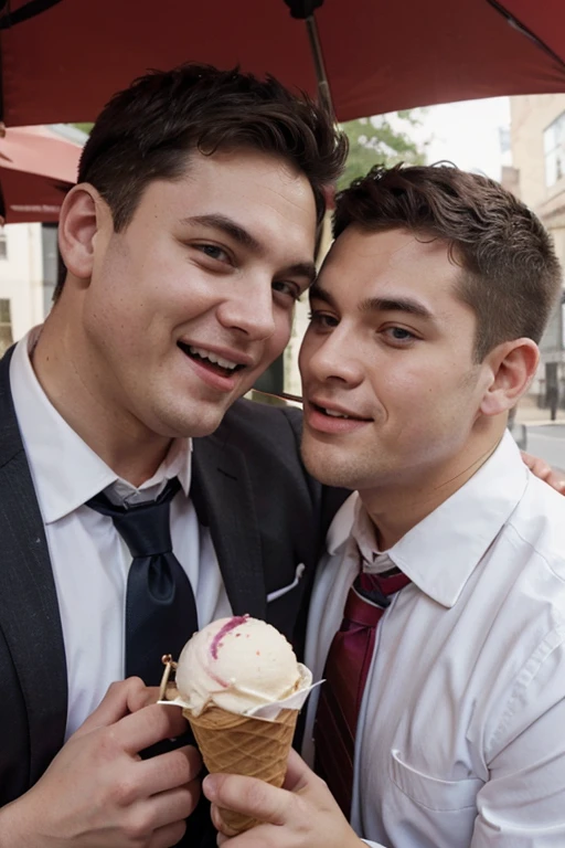 Chubby man is only wearing tie and sharing ice cream with a twink