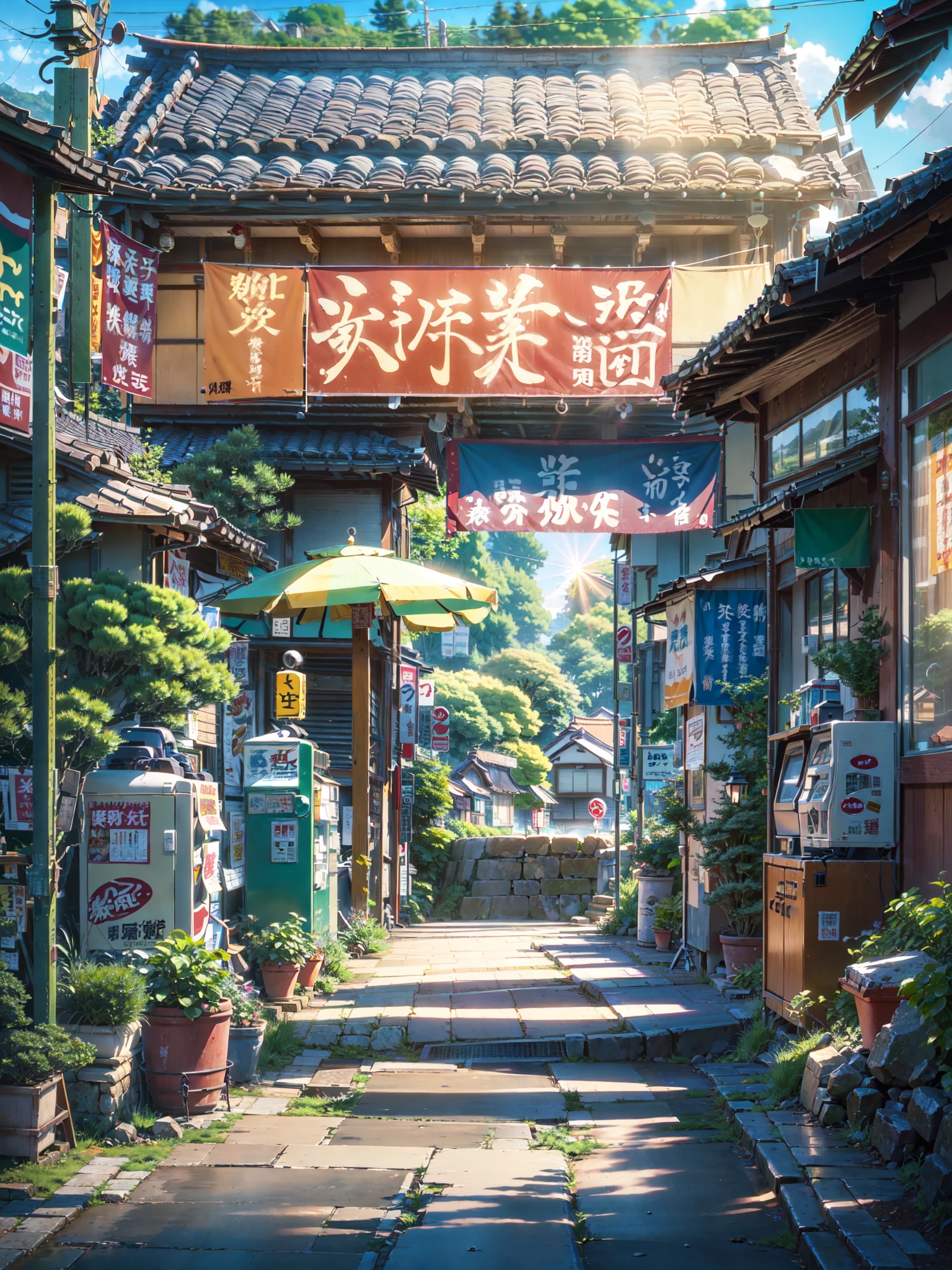 there is a ((modern)) ((japanese shop)) on the side of a path by itself, (japanese banners) and signs on the shop, (vibrant), morning, bright-blue sky, ((dramatic weather,)) anime scenery, japanese town, beautiful anime scenery, beautiful anime scene, japanese neighborhood, anime background art, japanese street, anime landscape, japanese village, anime landscape, japanese city, anime nature, anime beautiful peace scene, tokyo - esque town, anime scenery concept art, detailed scenery, cinematic lighting, god rays, glowing light, reflection light, close-up, lens flare, masterpiece, high details, best quality, super detail, high quality, anime background, anime wallpaper, sunny weather, bright blue sky, dramatic lighting, (((anime scenery of a street with a path and a house))), ((countryside)), ((rural)), (japanese shop signs), (plant pots), (plants), (trash cans), ((vending machine)), (((no one))), (((no people)))