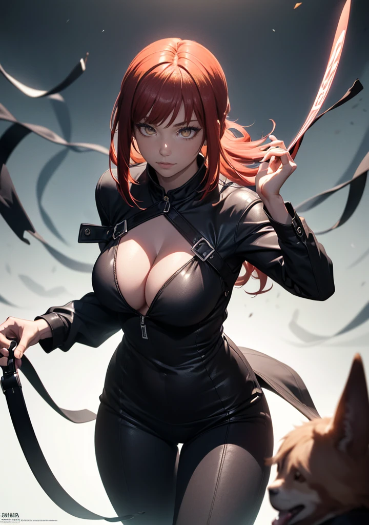 ((sexy dress)))A girl, The character Makima from the anime series Chainsaw Man, fragile, makima, Beautiful figure, Skinny black pants, cowboy shot, leaning forward, holding dog leash, pulling leash, head tilt, looking at viewer, looking down at viewer, red hair, Orange Eyes, white shirt, sexypose, Realistic, Very detailed, handsome body, Detailed body, Detailed hands, Detailed, Vibrants, Detailed Face, Makima's character design. Very detailed, Detailed body, Detailed hands, Detailed Face, anime art, extremely detailed CG unity 8k wallpaper, detailed light, Cinematic lighting, chromatic aberration, glittering, expressionless, epic composition, dark in the background, Cherecter Desing, Very detailed, Detailed body, Vibrants, Detailed Face, sharp-focus, anime art, Vibrants, Detailed Face, Hugh Details, sharp-focus, Very drooping face, evil smile, A detailed eye, super fine illustration, better shadow, finely detail, Beautiful detailed glow, Beautiful detailed, Extremely detailed, expressionless, epic composition, Presented at artstation, Octane Render, artstation hd, Cinematic, 4 thousand., hypermaximalist, elegant