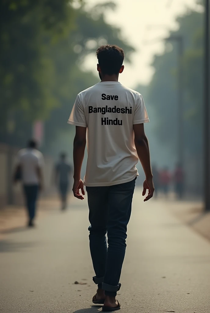 Save Bangladeshi Hindu write print t-shirt back side smart single boy walking road with blur background