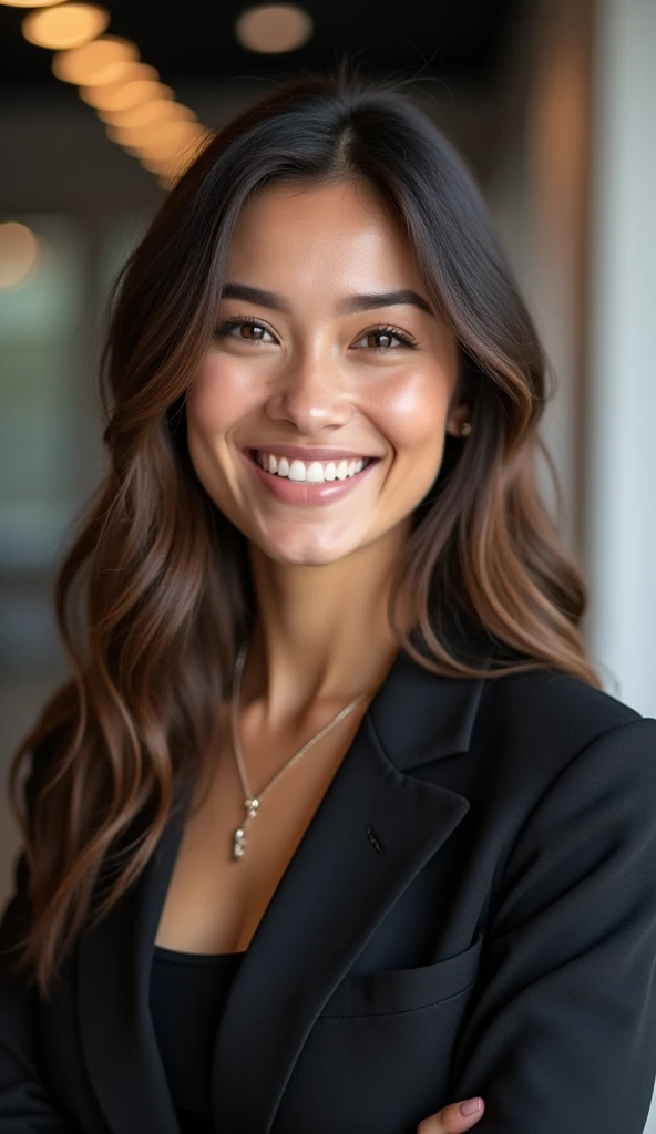 Create A Smiling Woman, confident and successful, in a modern professional environment. Add subtle elements of lights or glitter to highlight the inspiration.

