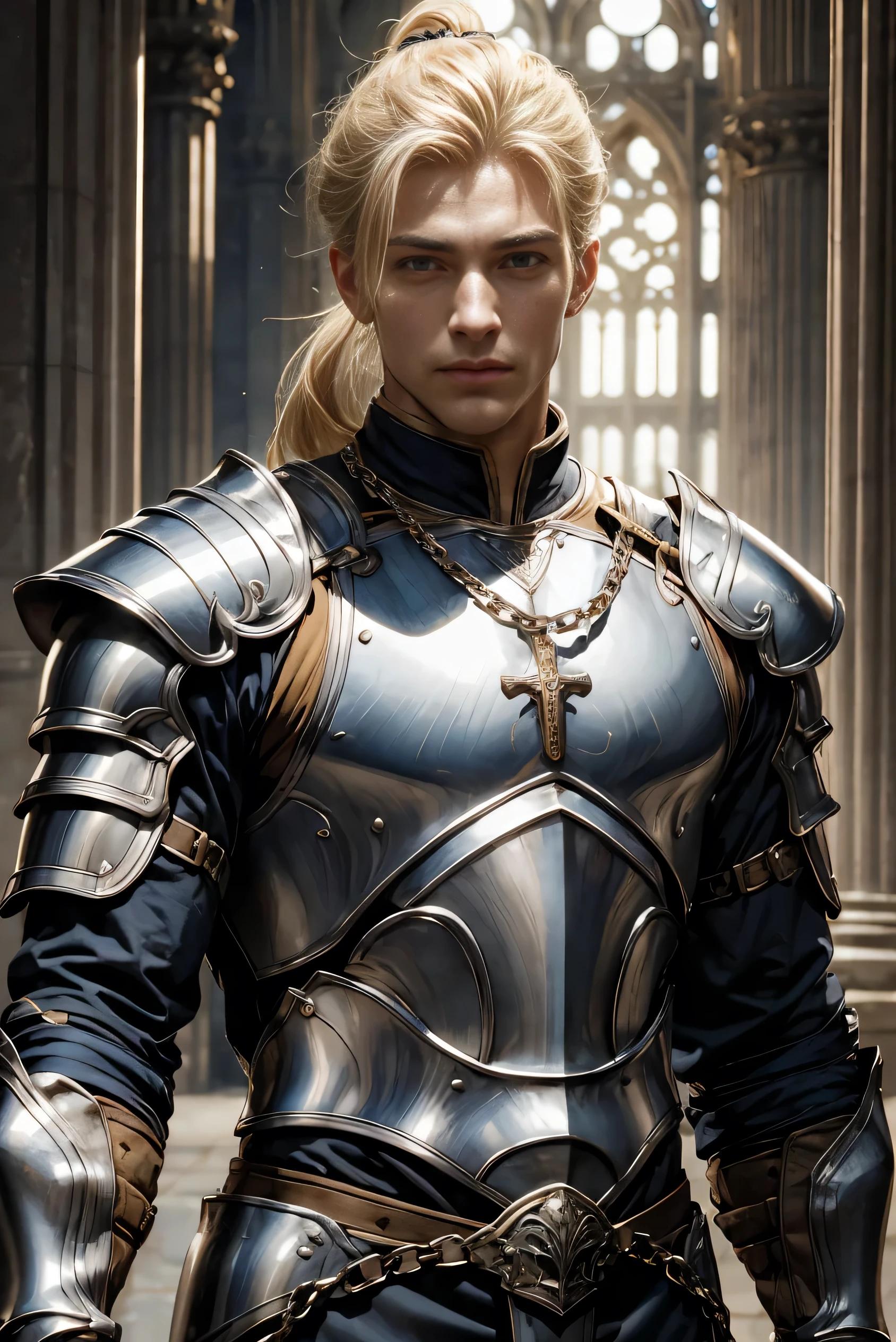"A magnificent work of art in high definition, Describe a handsome person,  A character with blonde hair, a stylish high ponytail, and silver chainmail armor.., Embodying the essence of a noble and virtuous holy warrior."