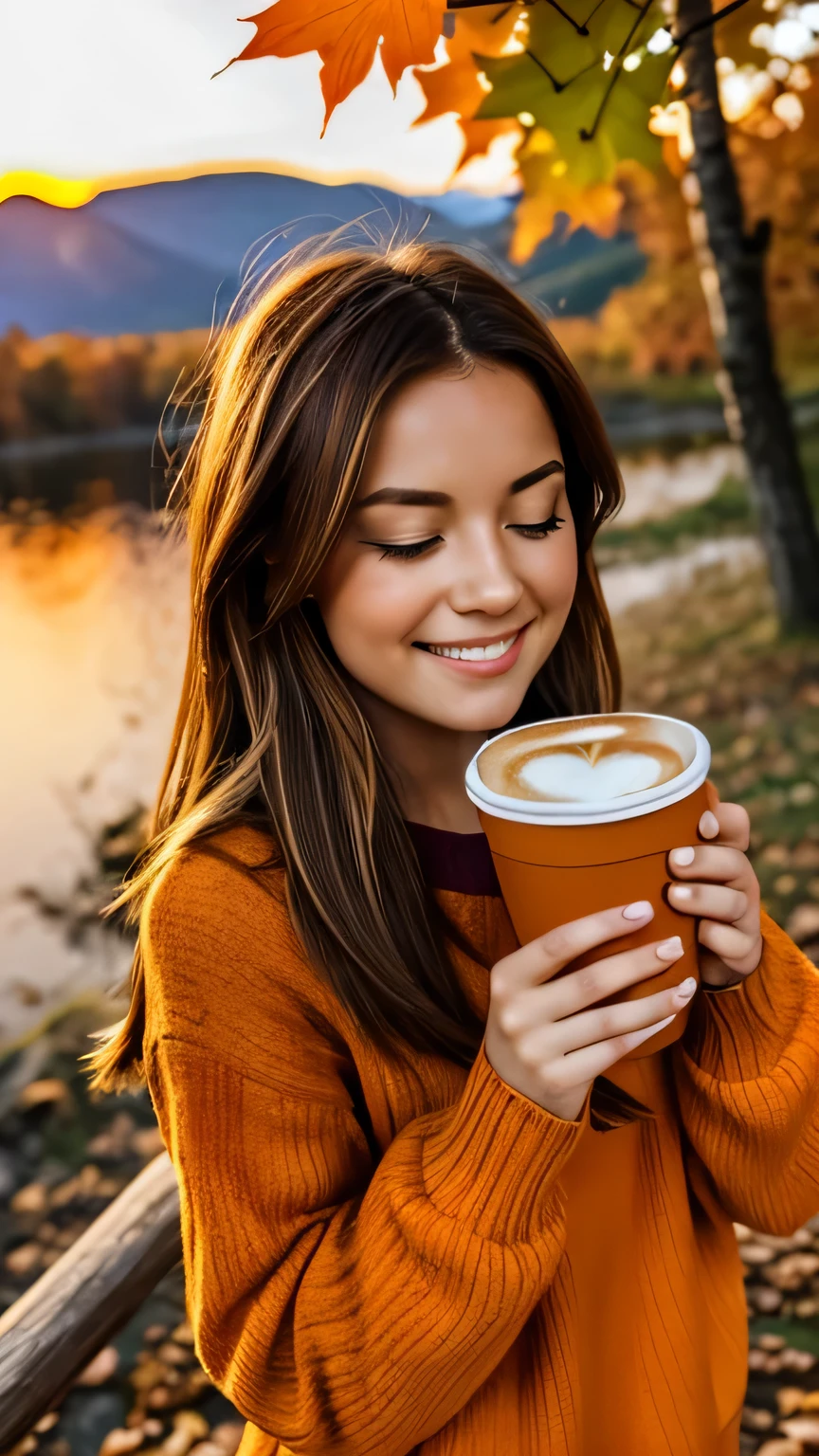 1girl, autumn leaves, autumn, leaf, maple leaf, falling leaves, blue eyes, brown hair with light brown highlights, sunset, orange sweater, orange sky, solo, tree, cup, orange theme, smile, holding paper coffee cup, one eye closed, orange background, yellow sky, long hair, looking at viewer, leaves in wind, ginkgo leaf, holding, outdoors, wind, coffee, mountain