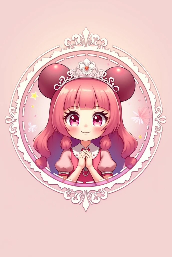 Create an image with Minie in pink predominance, the image is round and place a crown. 
